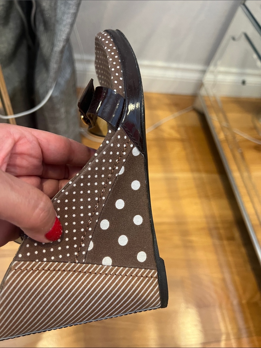 Casadei Brown Patent Leather Polka Dot Wedge Sandals - Picture 10 of 11
